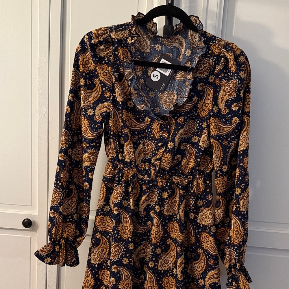 Paisley Print Long Sleeve Mini Dress with Stretch Waist